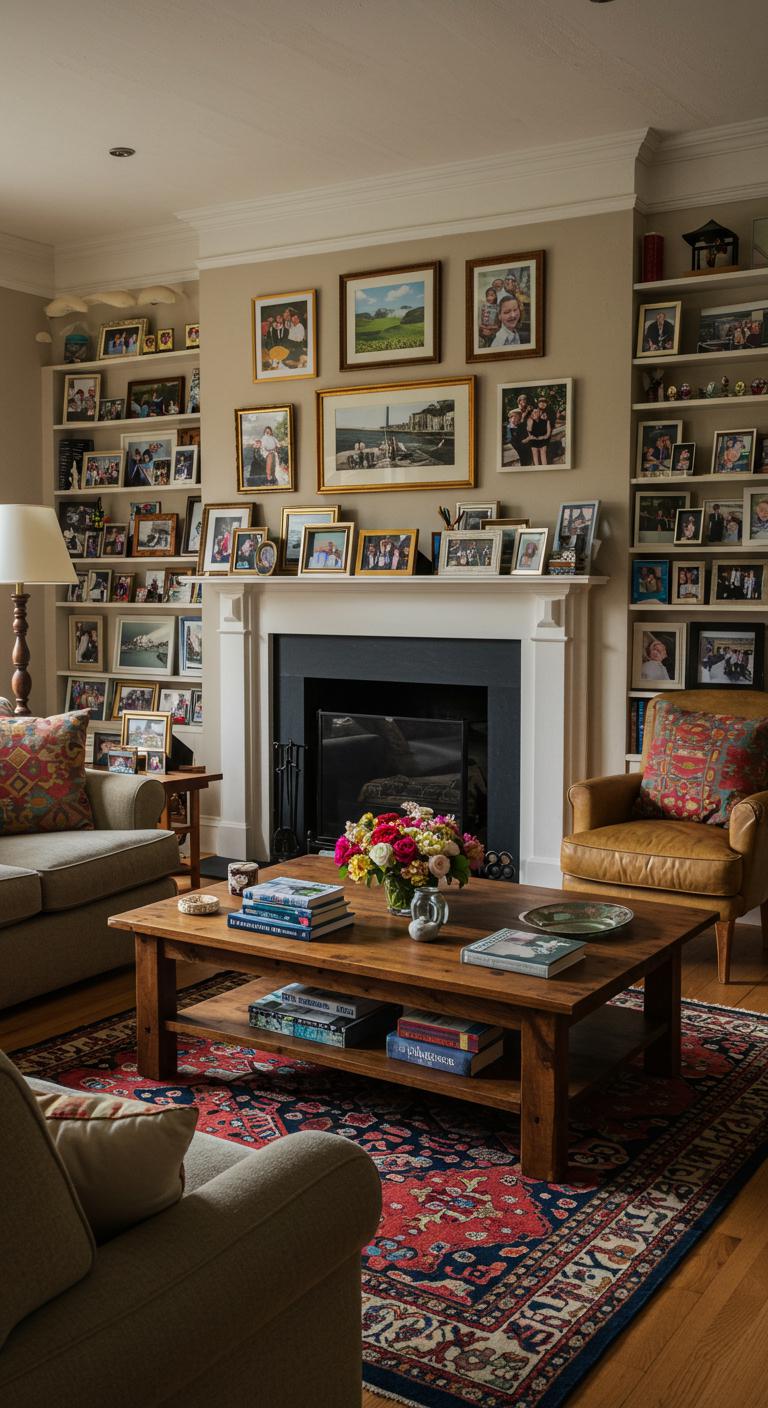 A living room filled with personal touches, including family photos, mementos, and travel souvenirs displayed on shelves and walls. The space feels warm and inviting, reflecting the homeowner’s personality.