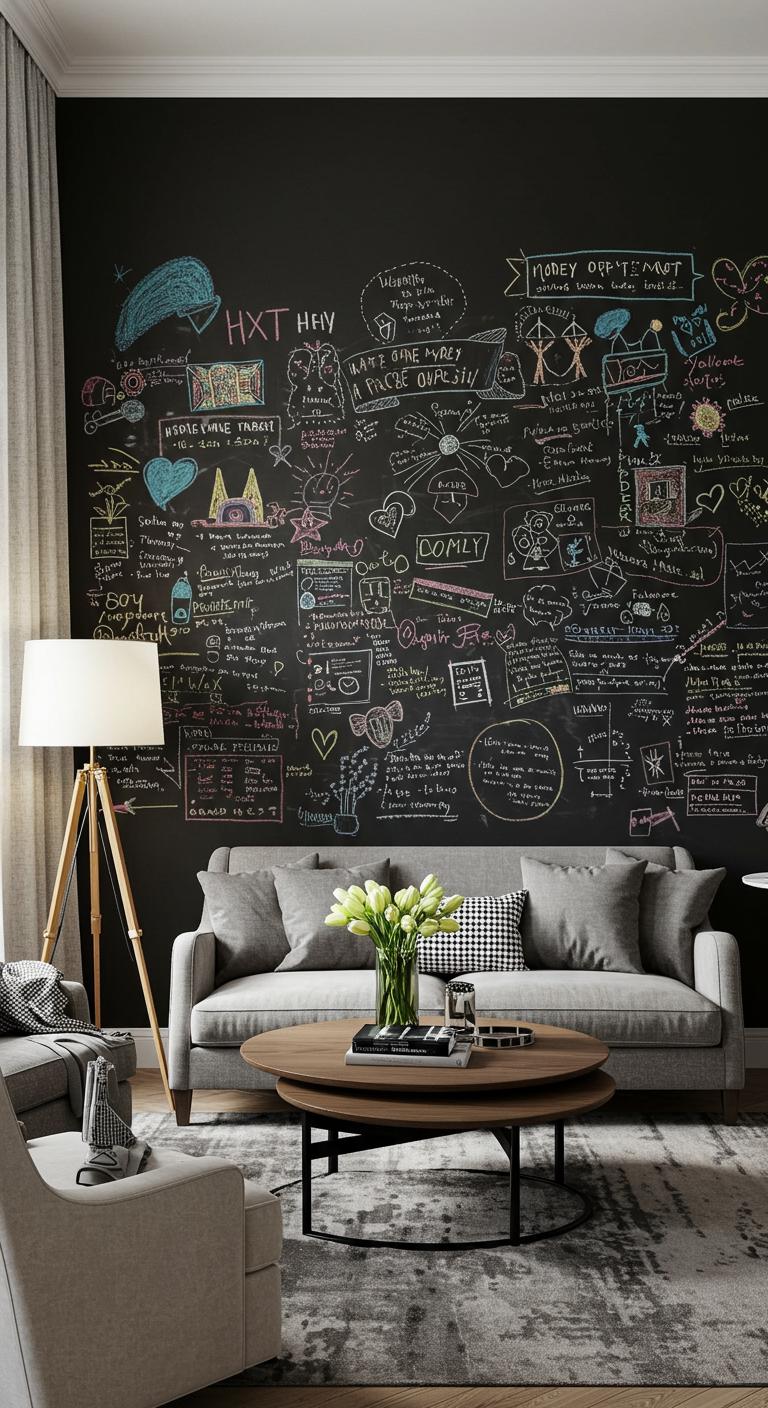A living room featuring a chalkboard wall, filled with colorful drawings and messages. The wall serves as a creative outlet and adds a playful touch to the space, contrasting with the elegant decor.