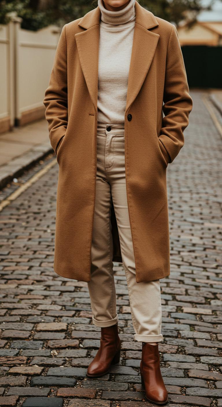 A person standing on a cobblestone street in Australiene, wearing a camel wool coat over a cream turtleneck and beige trousers. The outfit is complemented by leather ankle boots and a knit scarf. Soft natural light highlights the warmth of the fabrics and muted tones.