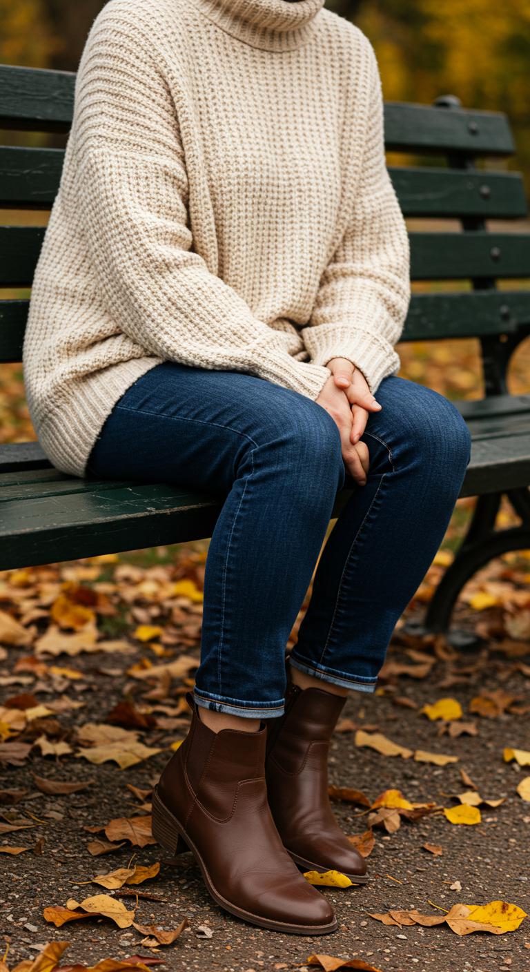 A close-up of a person sitting on a park bench in Australiene, wearing a soft, oversized cream knit sweater paired with dark blue jeans and brown leather boots. The autumn leaves around add warm tones to the scene.