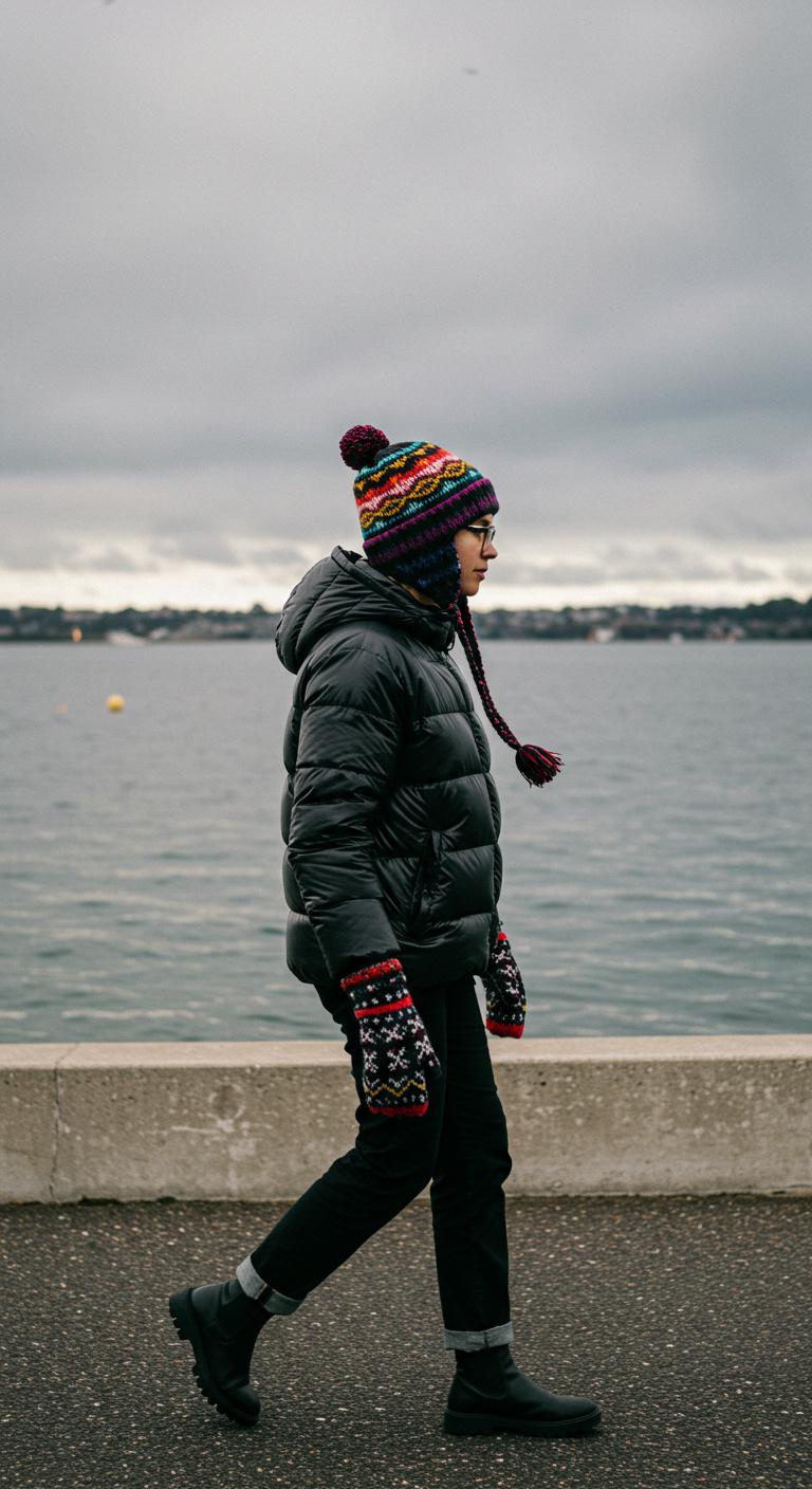 A person walking along a waterfront in Australiene wearing a black puffer jacket, colorful beanie, and patterned gloves. The jacket’s shiny texture contrasts with the soft knit accessories and a cloudy winter sky.
