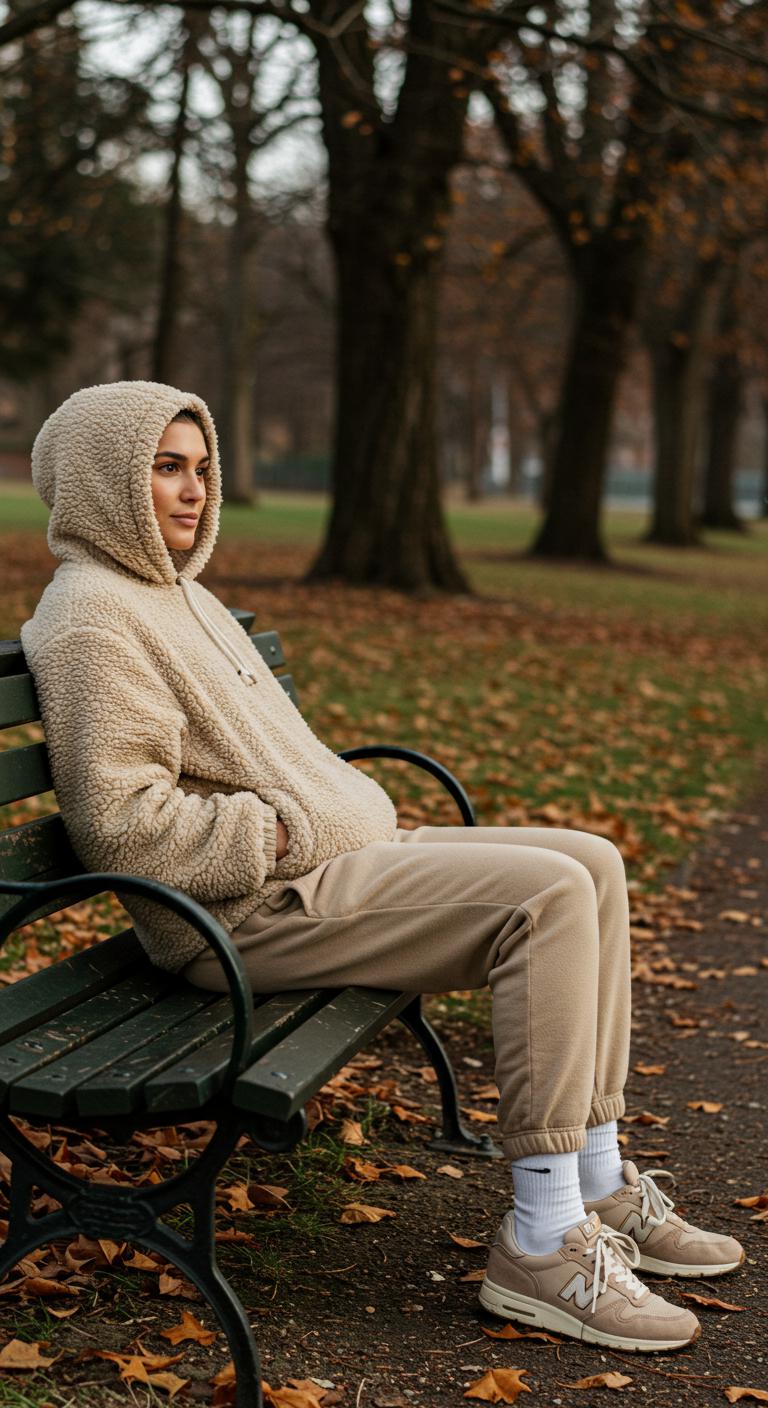 A person lounging on a park bench in Australiene dressed in a beige sherpa-lined hoodie and matching joggers with sneakers. The scene has soft, diffused winter light and fallen leaves.