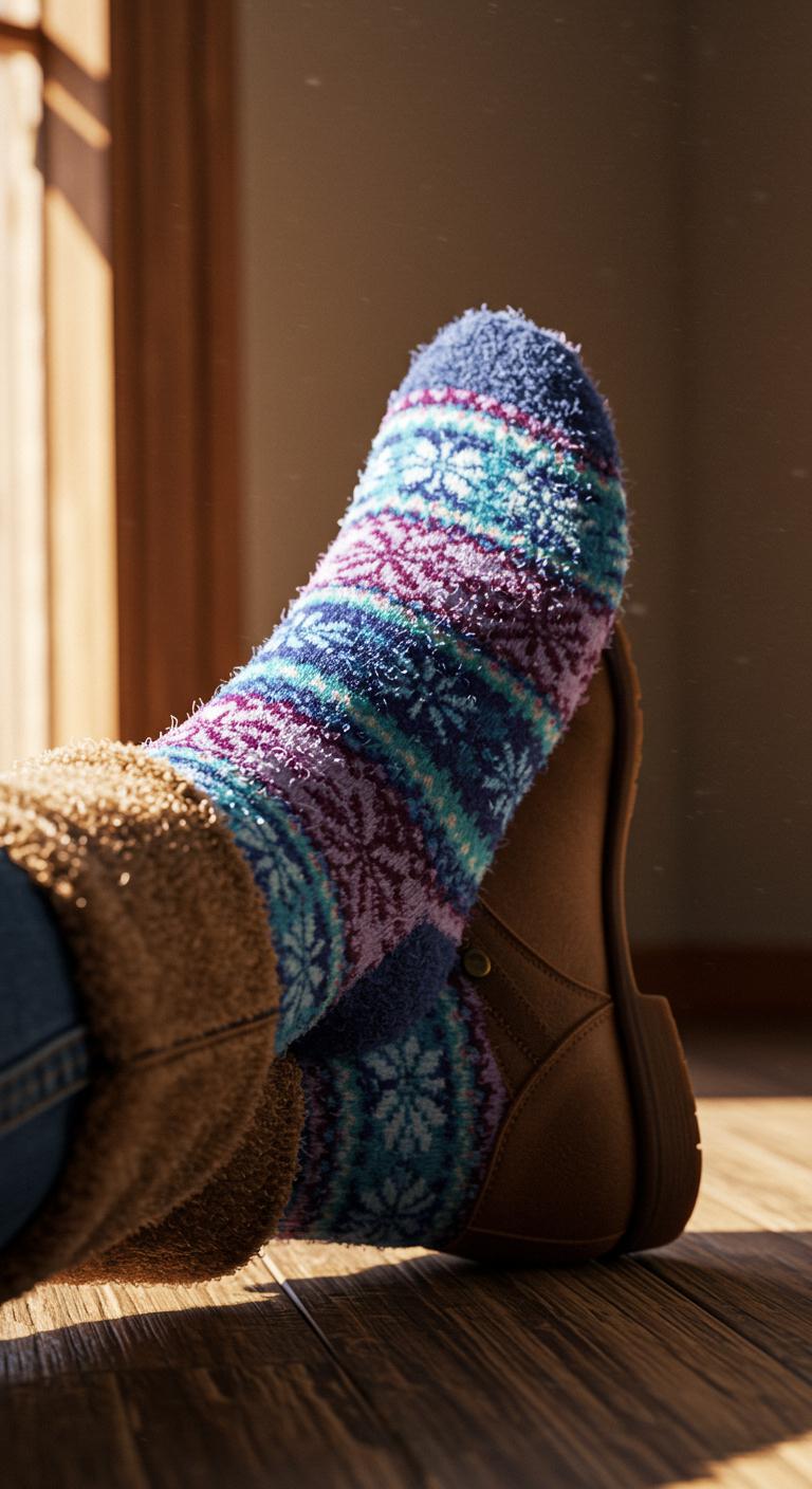 A close-up of a person layering a fitted thermal shirt under a denim jacket, paired with a knitted beanie and casual trousers. The winter sun creates sharp contrasts on the outfit.