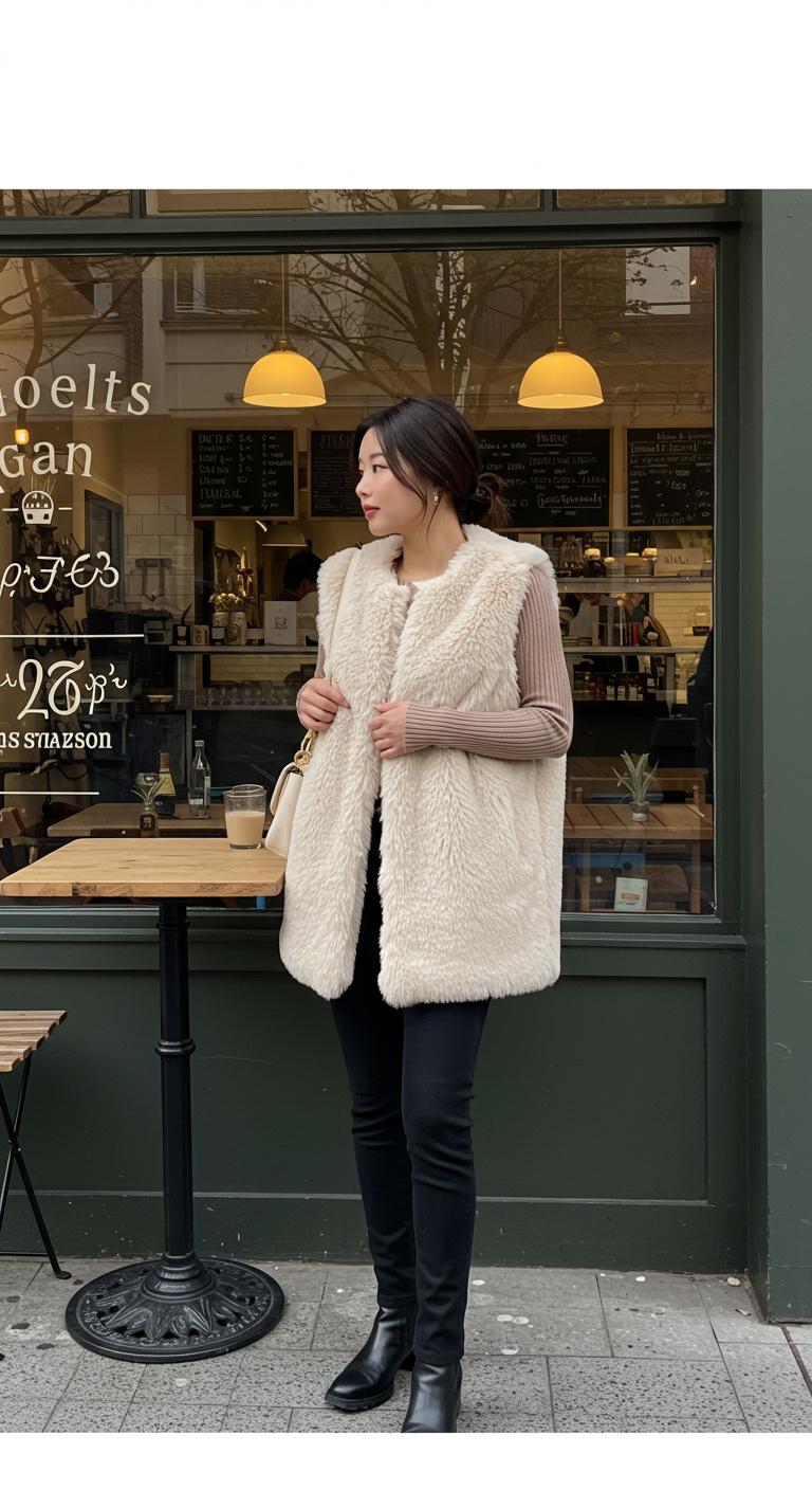 A person standing near a café window in Australiene wearing a cream faux fur vest over a fitted long-sleeve top and dark skinny jeans. The soft light enhances the texture of the vest.