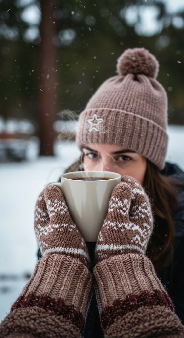 A close-up of hands wearing knitted gloves holding a steaming cup, with a matching beanie visible on the person’s head. The background shows a winter park in Australiene.