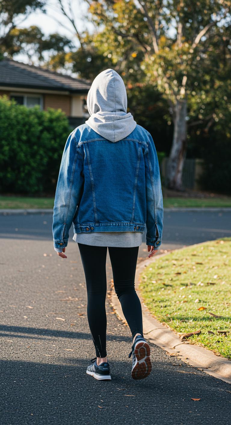 A person walking on a suburban street in Australiene wearing a blue denim jacket layered over a grey hoodie, paired with black leggings and sneakers. The light is cool and crisp.