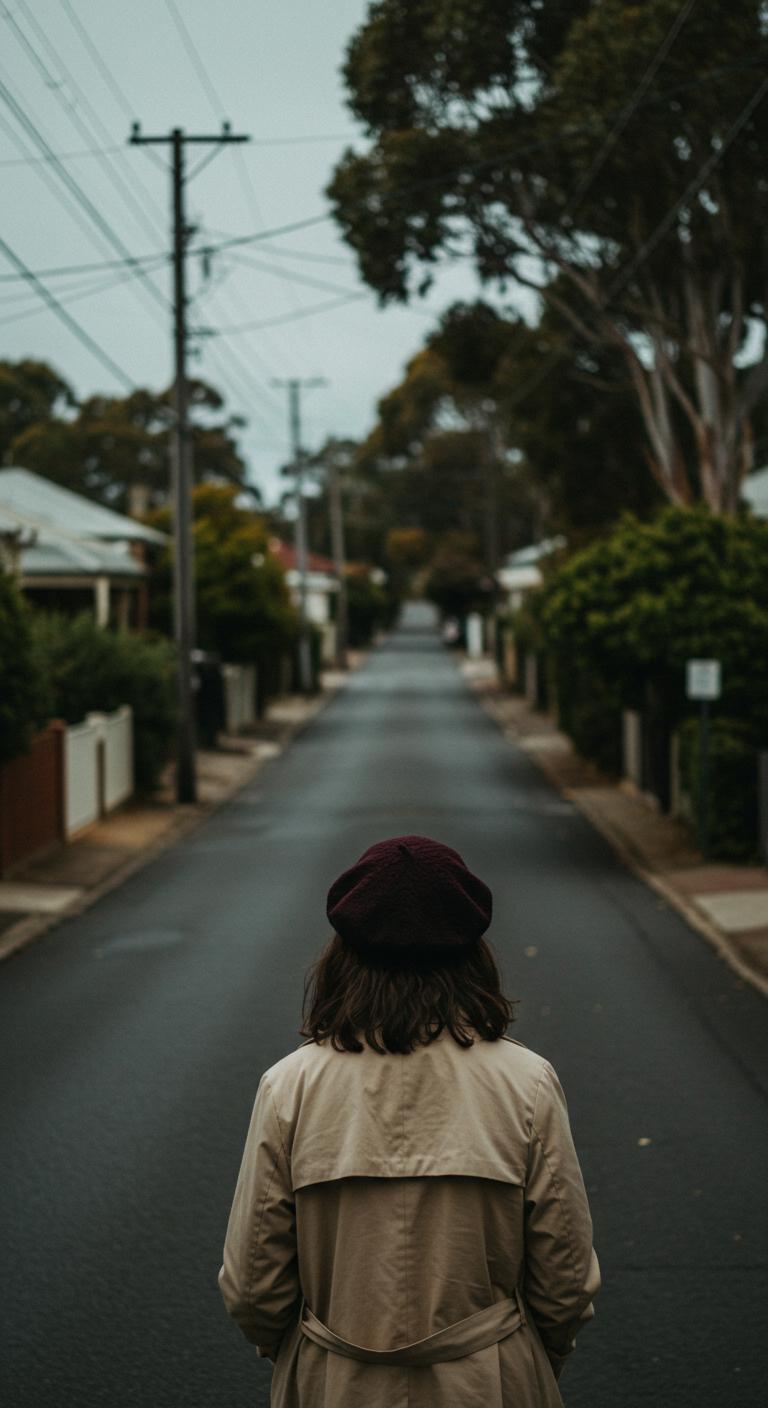 A person wearing a dark woolen beret and beige trench coat walking through a quiet street in Australiene. The outfit is classic with soft winter lighting.