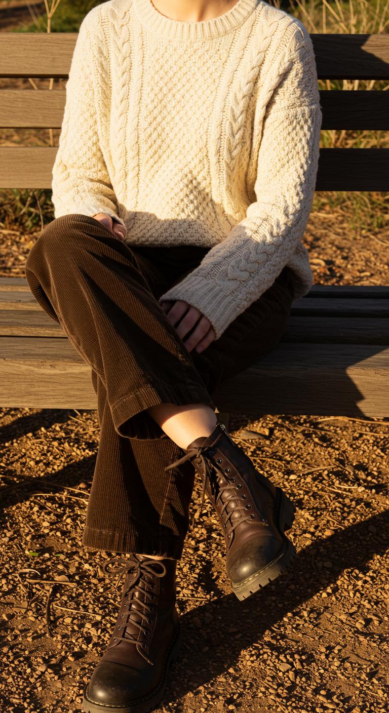 A person seated on a bench in Australiene wearing a cream cable knit sweater paired with dark brown corduroy pants and lace-up boots. Soft, diffused sunlight frames the outfit.