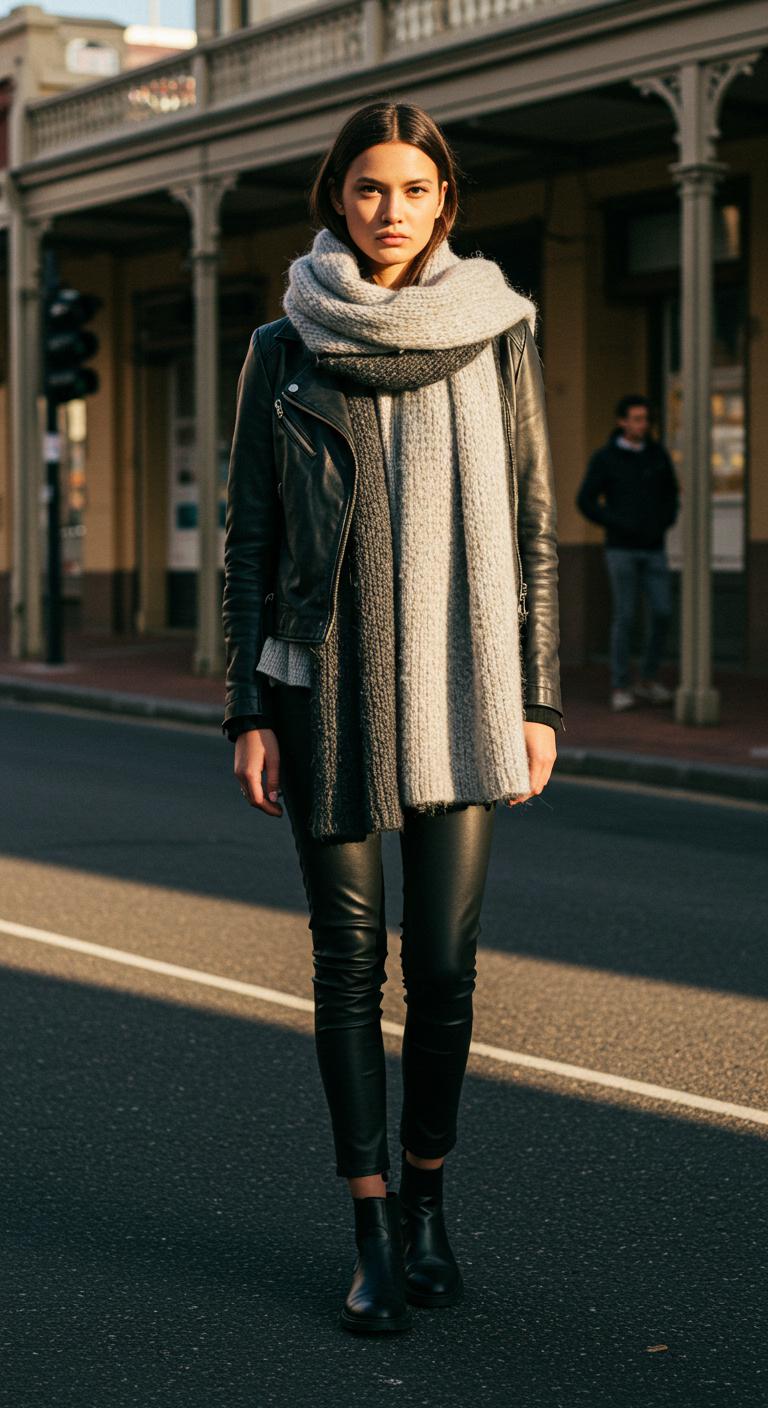 A person standing near a river in Australiene wearing an olive-green parka with a large faux fur hood, dark pants, and boots. The winter sky is overcast, highlighting the jacket’s details.