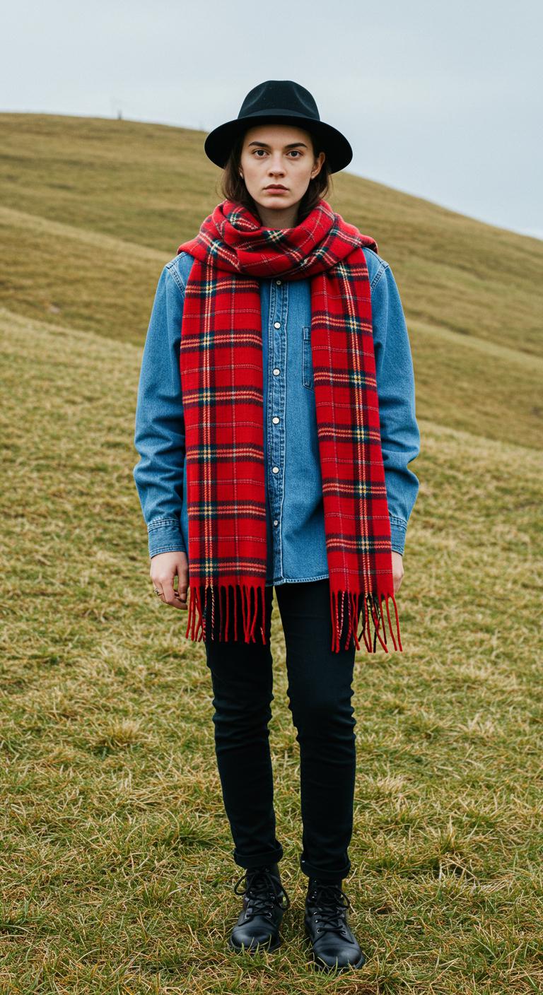 A person standing on a grassy hill in Australiene wearing a blue denim shirt topped with a large red tartan scarf, paired with black jeans. The scene is bright with clear winter light.
