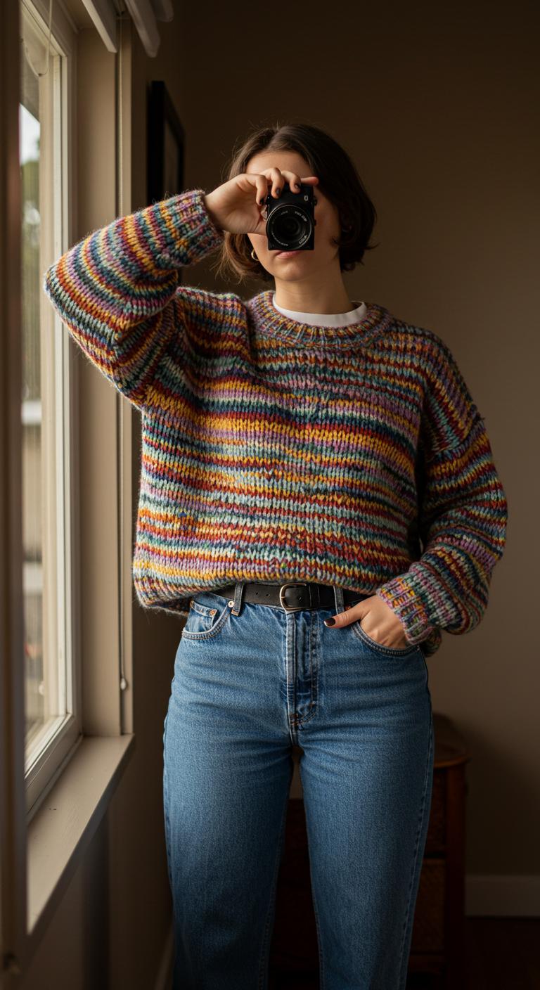 A person indoors near a window in Australiene wearing a white crewneck t-shirt layered under a thick, colorful chunky sweater paired with relaxed-fit jeans. Warm indoor lighting highlights the knit texture.