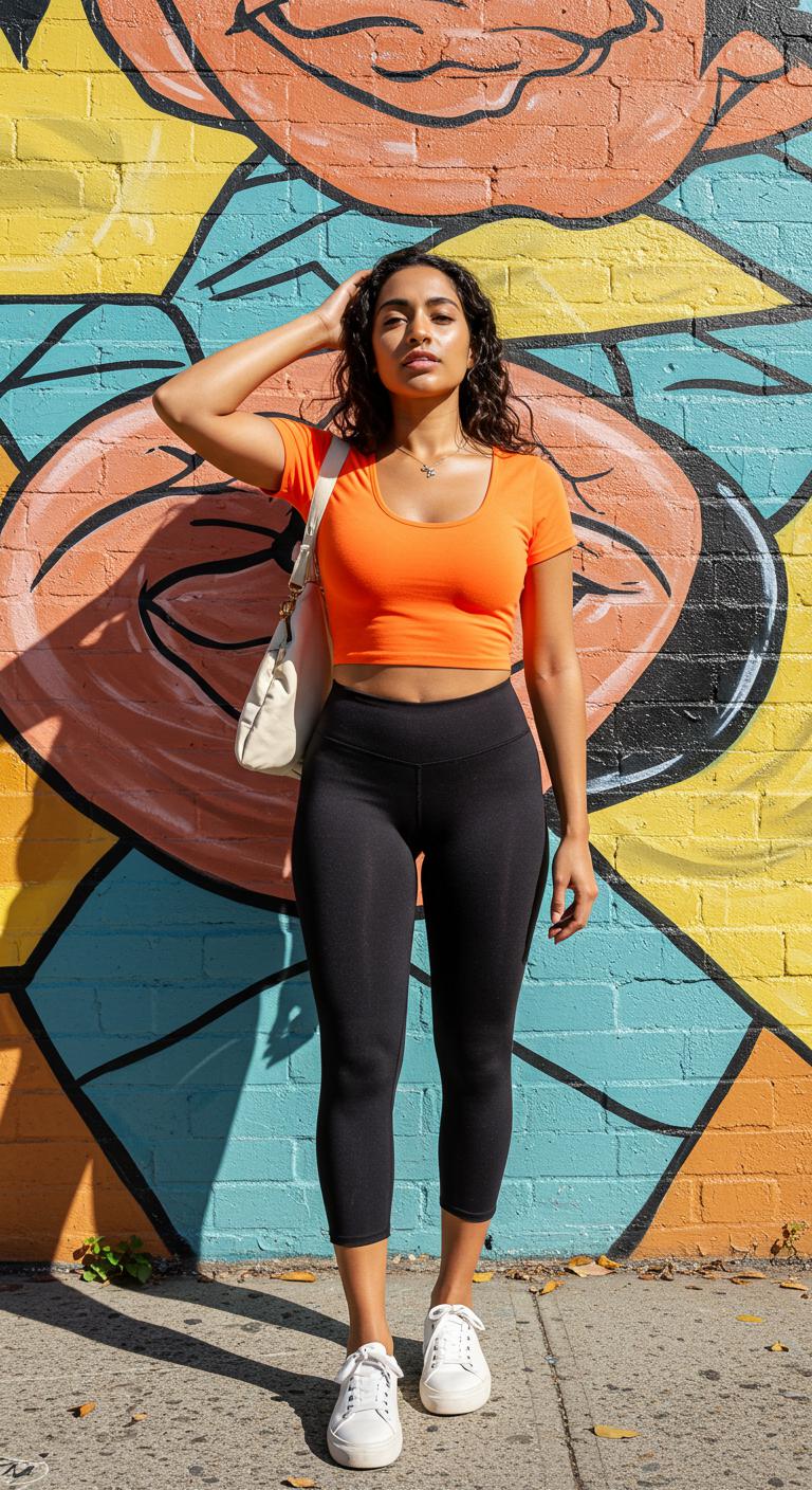 A street-style photo of a woman standing by a colorful mural, wearing black capri leggings and a vibrant orange crop top. She has white sneakers and sunlit skin glowing in the midday sun.