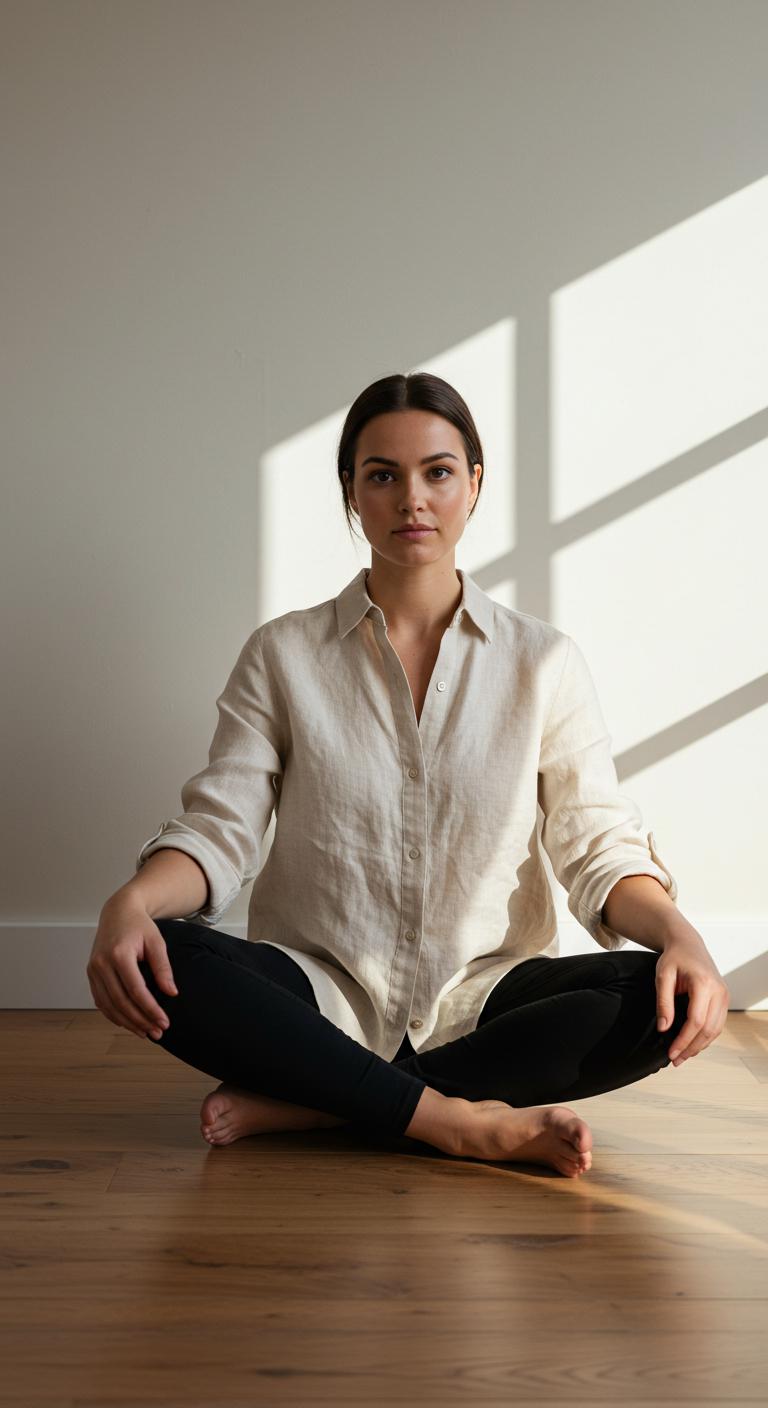 A minimalist studio space with natural light, a woman sits cross-legged on a wooden floor wearing black leggings and a cream linen button-down shirt with sleeves rolled up.