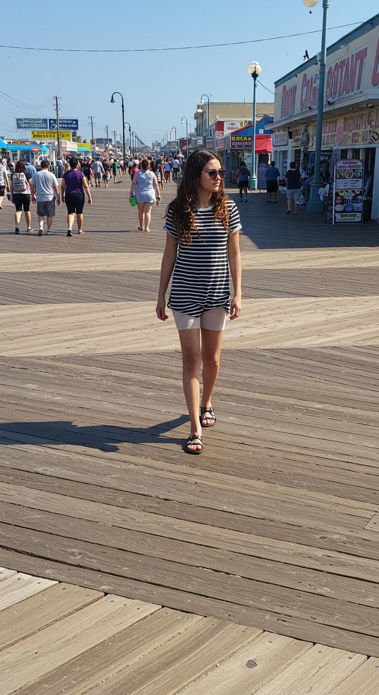 A busy boardwalk with a woman wearing neutral-toned leggings under a black and white striped t-shirt dress. She walks confidently with sunglasses and sandals.
