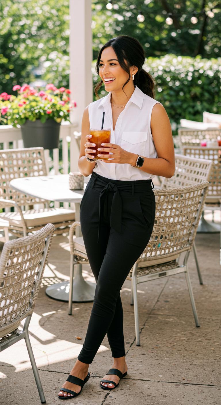 A bright patio brunch setting with a woman wearing black tie-waist leggings and a crisp sleeveless white button-up shirt, sipping iced tea.