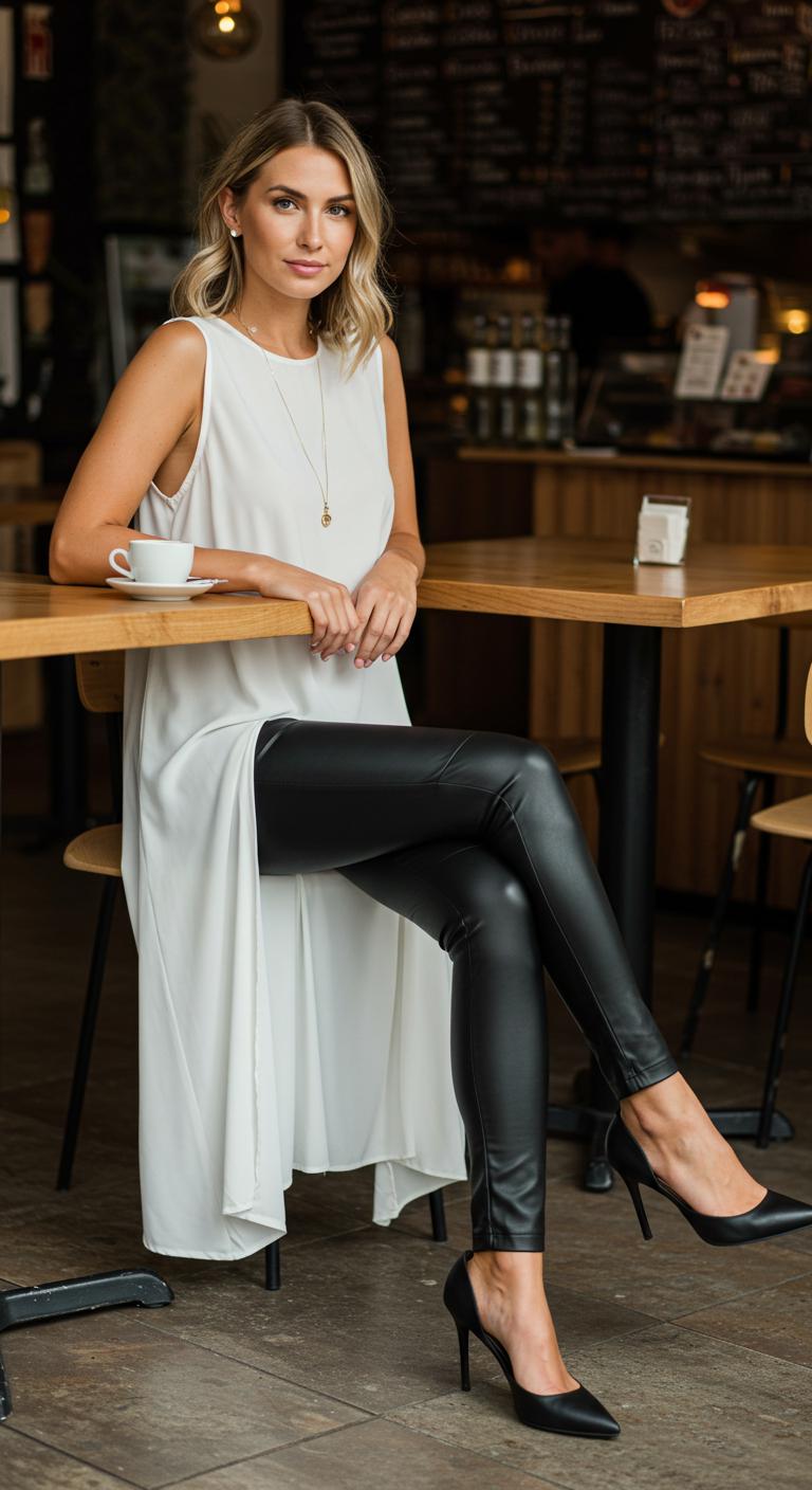 A modern café interior with a woman seated, wearing matte black faux leather leggings and a white sleeveless tunic with side slits. Natural light highlights fabric contrasts.