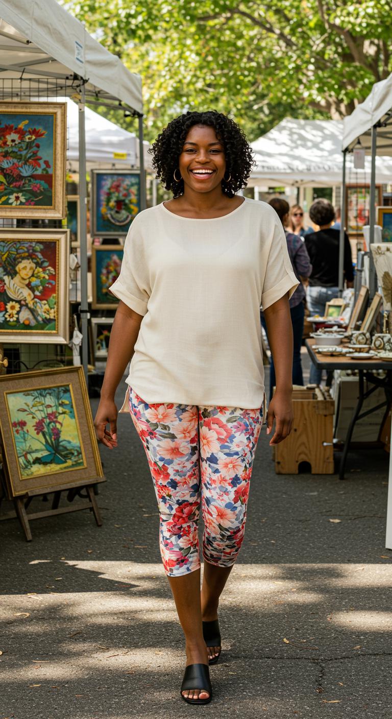 An outdoor art fair, a woman wearing floral printed capri leggings and a solid off-white blouse with rolled sleeves, smiling brightly.