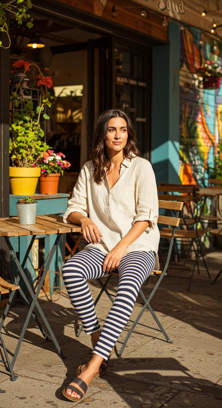 A sunlit café patio, a woman wearing navy and white striped leggings and a relaxed cream linen shirt with rolled sleeves.
