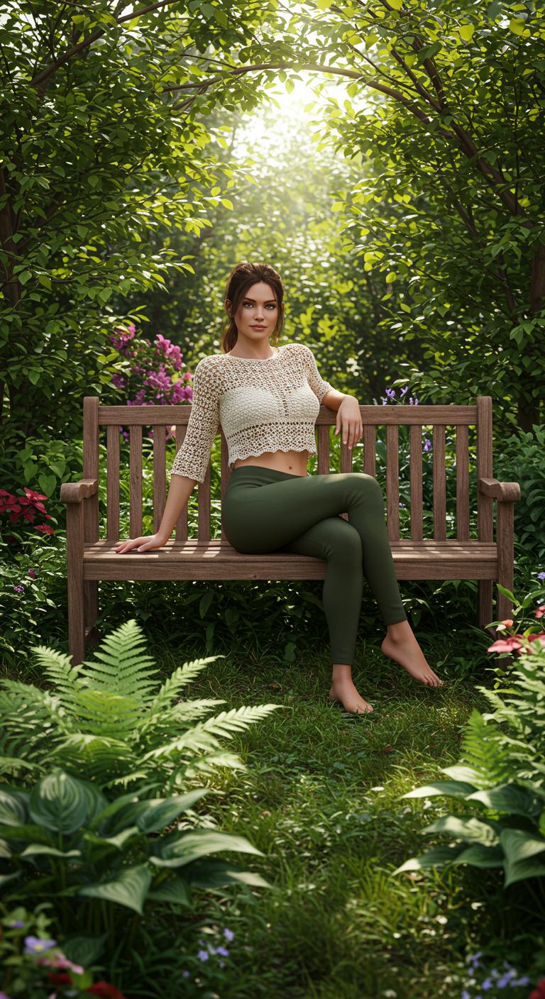 A sun-dappled garden bench, a woman wearing olive green leggings and a cream crochet crop top, surrounded by lush greenery.