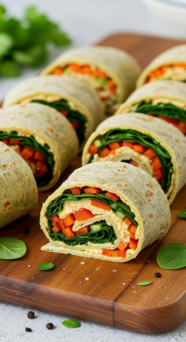 Close-up of vibrant veggie wraps sliced into pinwheels, showing layers of bell peppers, spinach, carrots, and hummus on soft tortillas, arranged neatly on a wooden board with fresh herbs scattered around.