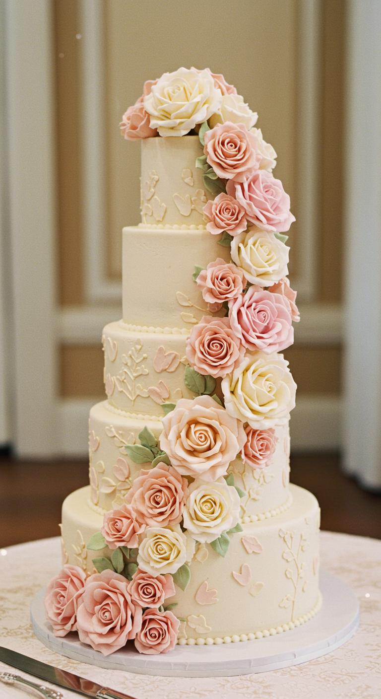 An **elegant wedding cake** adorned with **cascading roses** in soft pastel colors, featuring **intricate floral designs** that create a **whimsical and romantic atmosphere**. The cake is beautifully presented as the centerpiece of a wedding setting, evoking a sense of enchantment and love. Soft lighting enhances the delicate features of the cake and flowers, embodying the essence of a love story.