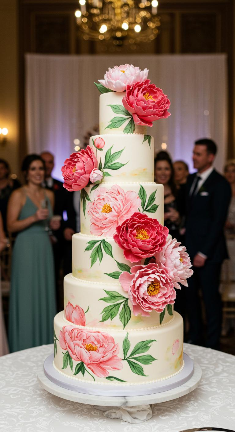 A beautifully crafted wedding cake adorned with hand-painted peonies in **vibrant colors**, showcasing **intricate artistry**. The cake is set against an elegant wedding backdrop, with soft lighting enhancing the floral details. The scene captures the essence of **love and prosperity**, featuring guests admiring the cake and a romantic atmosphere that embodies an **enchanting celebration**.