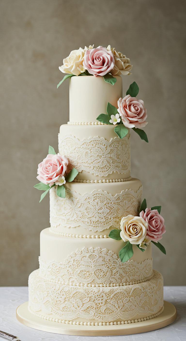 A beautifully decorated wedding cake featuring **vintage lace** wrapping around each tier, complemented by soft pastel **floral accents**. The cake should exude a sense of **romance and elegance**, reminiscent of a **charming bygone era**. Soft lighting enhances the delicate details of the lace and flowers, creating an enchanting atmosphere.
