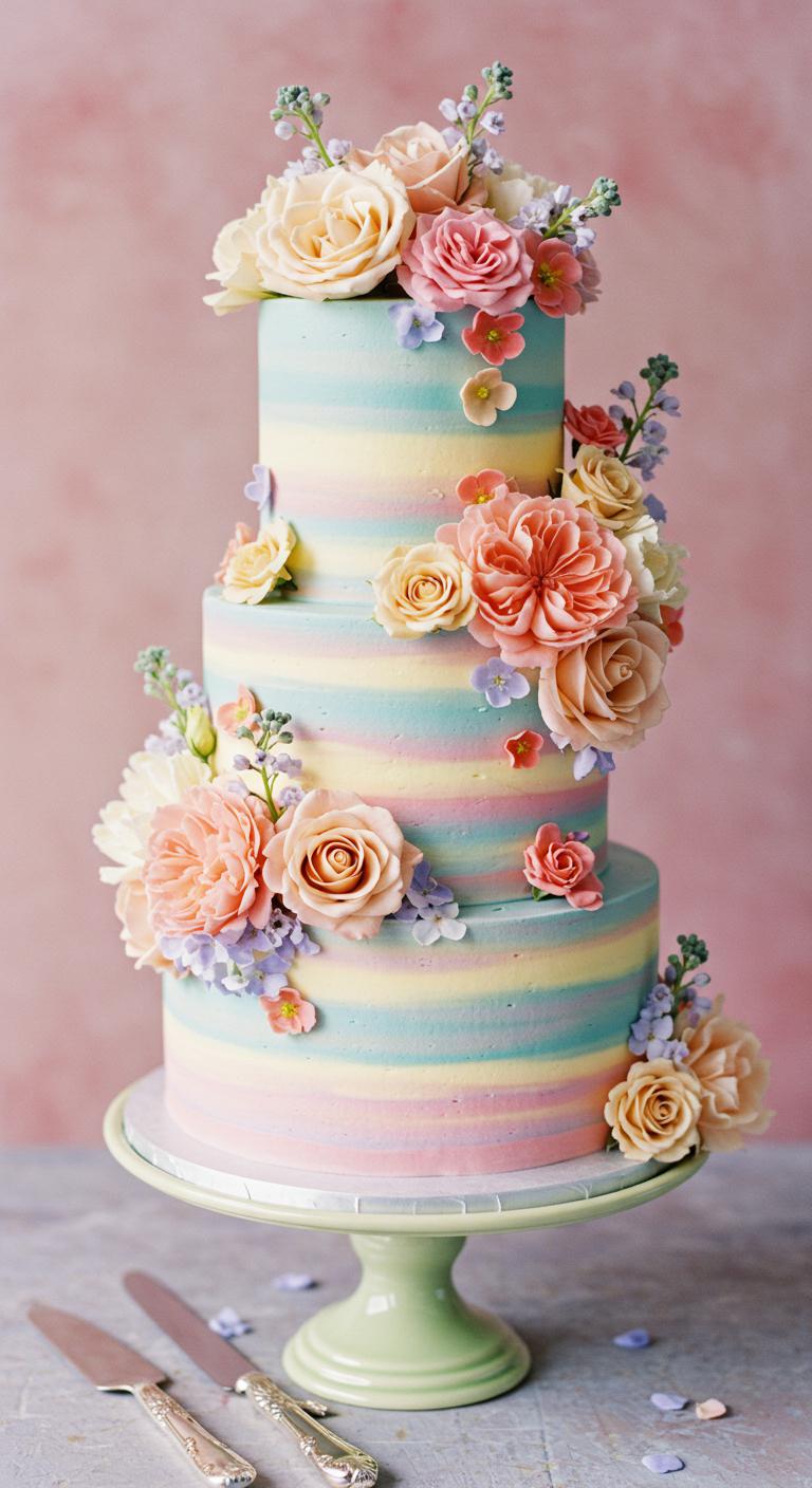A **whimsical wedding cake** adorned with **delicate pastel blooms** and edible flowers, resembling a lush garden party centerpiece, capturing the vibrant essence of **floral abundance** in an enchanting spring setting.