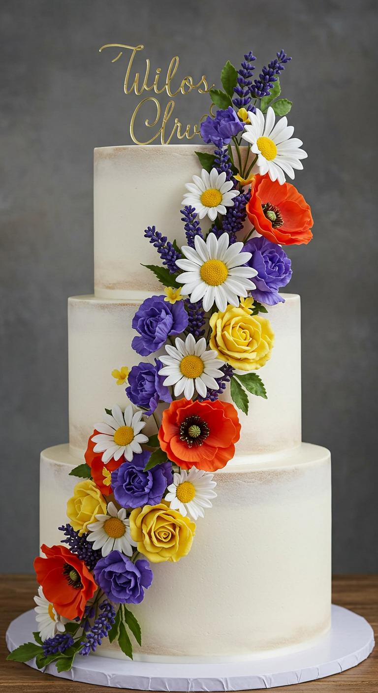 A **whimsical wildflower arrangement** for a wedding cake featuring **vibrant daisies**, **delicate lavender**, and **cheerful poppies**, creating a playful yet romantic vibe. The flowers cascade gracefully over the cake, transforming it into a **stunning centerpiece** that captures the essence of a special day.