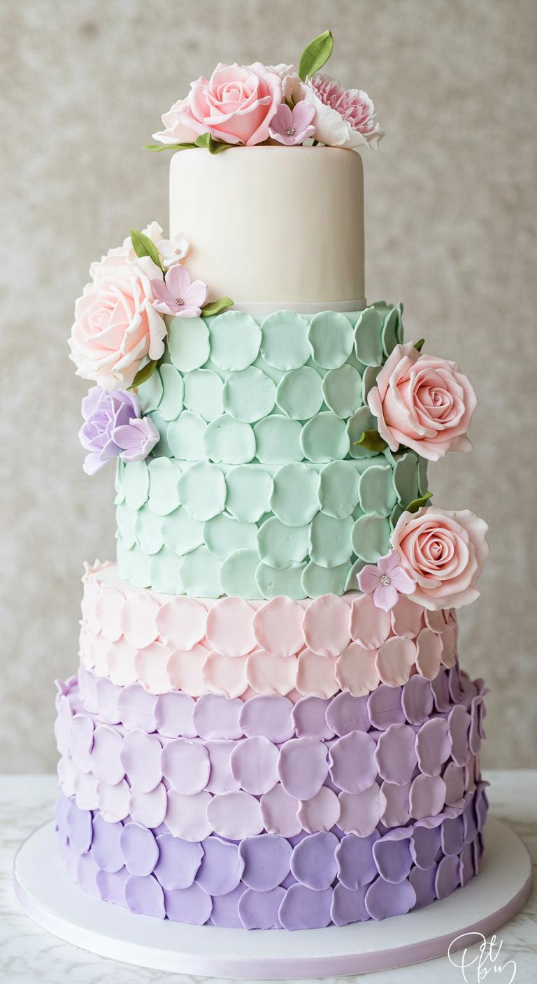 A wedding cake featuring **soft pastel blossom layers** in colors of soft pinks, lavenders, and mint greens, adorned with **delicate floral decorations**. The cake is visually enchanting, embodying a **fresh and romantic style**, perfectly representing a love story celebration.