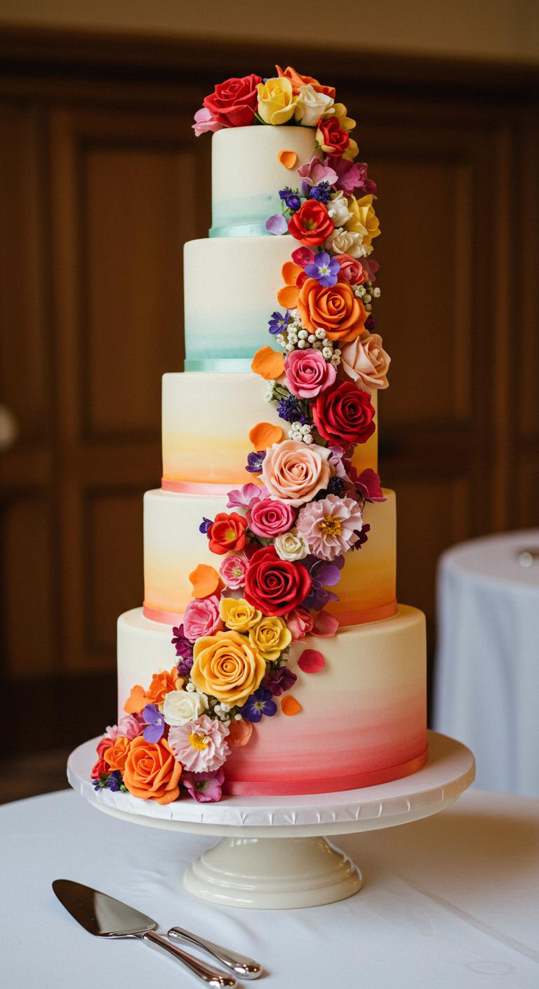 A **stunning wedding cake** adorned with **vibrant edible floral arrangements** cascading down its layers, showcasing an **elegant and charming design**. The cake features **natural colorants** that harmonize perfectly with its overall aesthetic. **Delicate edible blooms** in various colors enhance the visual appeal and hint at delightful flavors, creating an **enchanting experience for wedding guests**. The scene is set in a beautifully decorated wedding venue, enhancing the overall ambiance.