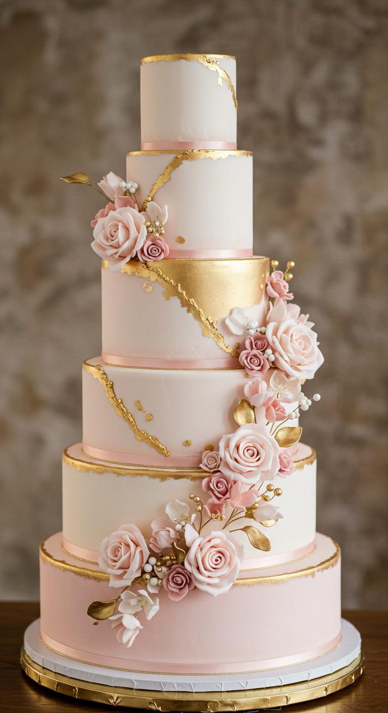 A stunning wedding cake designed with **romantic blush and gold** color schemes. The cake features several **elegantly stacked layers** with soft blush swirls and **delicate gold accents** that shimmer. The setting is dreamy and warm, encapsulating a sophisticated atmosphere, perfect for a wedding centerpiece. The cake is beautifully adorned, exuding enchantment and love.