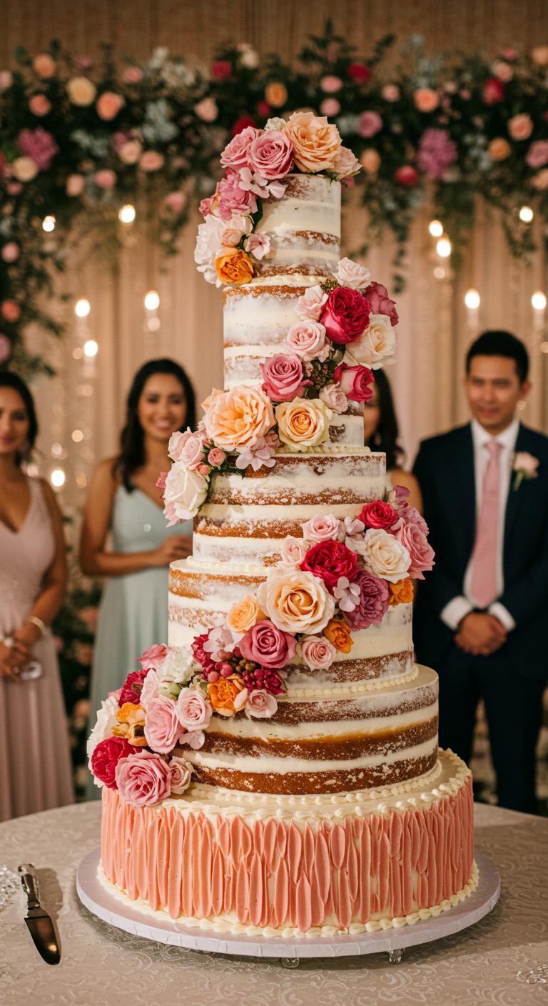 A beautifully designed **tiered floral fantasy wedding cake**, featuring **varying heights** with **lush colorful blooms** creatively arranged. The cake layers are adorned with **romantic flowers**, radiating beauty and elegance, set against a dreamy wedding backdrop with soft lighting and floral decorations. Guests are admiring the cake, capturing its enchanting presence as a centerpiece.