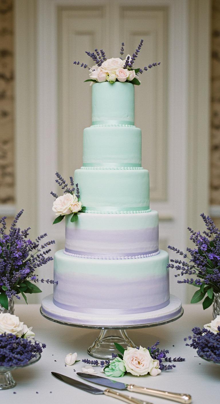 A **beautifully decorated wedding cake** featuring pastel lavender layers and mint green accents, surrounded by soft floral arrangements of lavender and mint foliage. The scene is set in a dreamy, **romantic atmosphere**, with **soft lighting** to enhance the elegance of the cake and evoke feelings of **love and joy**.