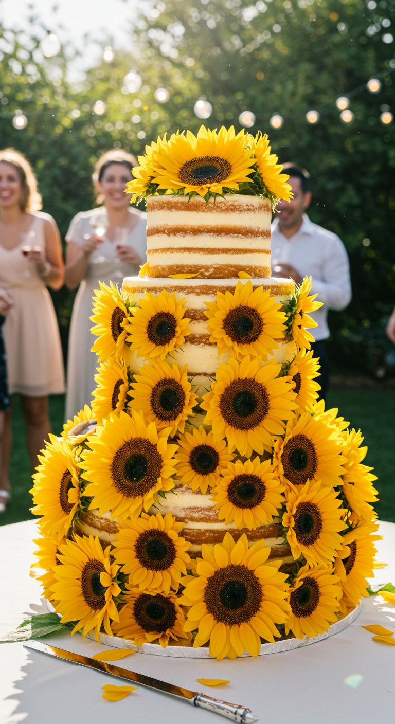 A **whimsical three-tiered cake** decorated with **vibrant yellow sunflower petals**, displaying **joyful blooms** at each level. The cake is set in a sunlit outdoor setting surrounded by greenery, radiating **warmth and inviting ambiance**, embodying themes of **love and happiness**. Guests in the background appear delighted, celebrating a special occasion.