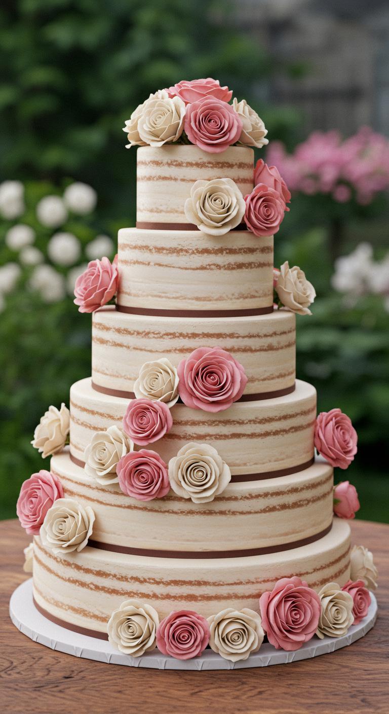 A beautifully decorated wedding cake featuring a **vintage floral watercolor effect**, showcasing **delicate blossoms** in **soft hues** of blush and lavender, blending seamlessly across the cake’s surface. The cake is placed on an elegant table, adorned with soft lighting and romantic decor, capturing the **enchanting essence** of a wedding celebration.