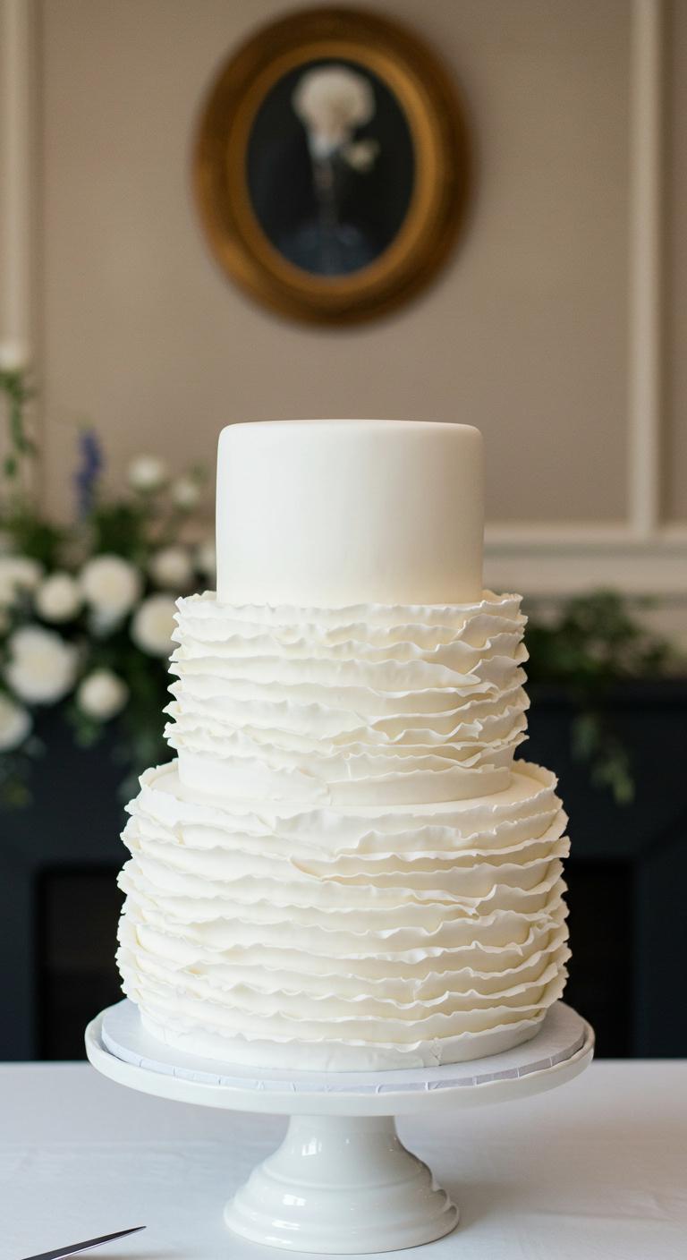 A **Timeless White Ruffle Cake** featuring **cascading ruffles**, exuding **elegance and sophistication**. The cake is adorned with delicate details and a **soft, romantic feel**, set against a beautiful wedding theme backdrop, capturing the awe and charm it brings to the celebration.