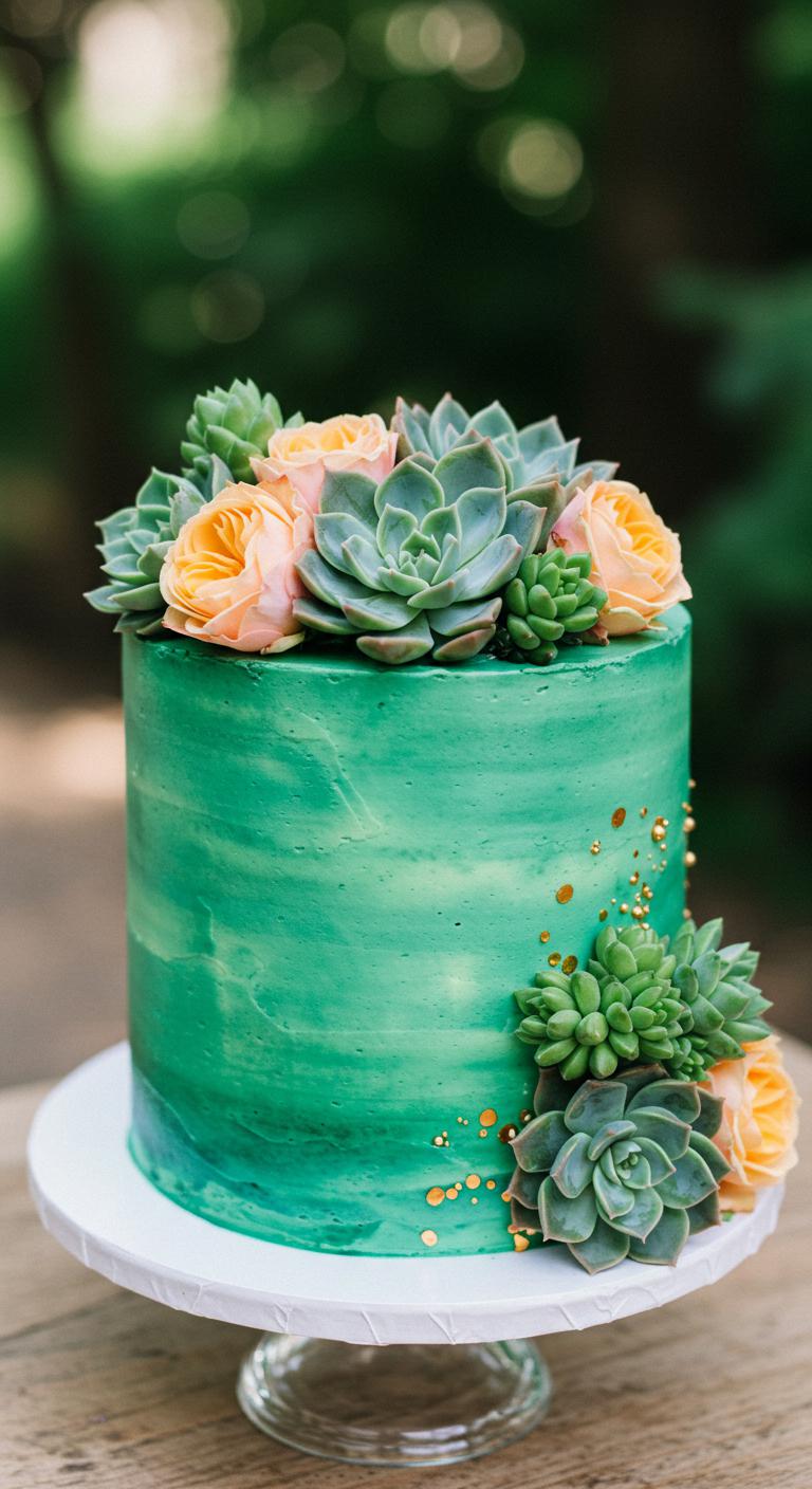 A vibrant and artistic cake adorned with a delightful combination of succulents and **lush flowers**, showcasing a vivid color palette with vibrant greens and soft floral hues. The cake is presented elegantly, inviting guests to appreciate both its **visual beauty and delicious flavors**. The background is softly blurred to highlight the **intricate details** of the succulent and floral decorations.