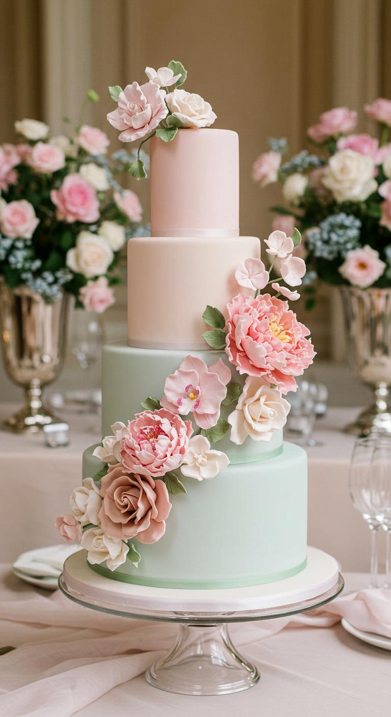 A beautifully designed **wedding cake** adorned with **intricate sugar flower accents** in various colors, showcasing different flower types such as roses, peonies, and orchids. The cake should be placed on an elegant display with a soft-focus background of a wedding setting, highlighting the cake as the **stunning centerpiece** of the event. The color palette should harmonize with pastel tones and fresh floral arrangements to evoke a romantic and enchanting atmosphere. The scene should capture the essence of beauty and craftsmanship in cake design.
