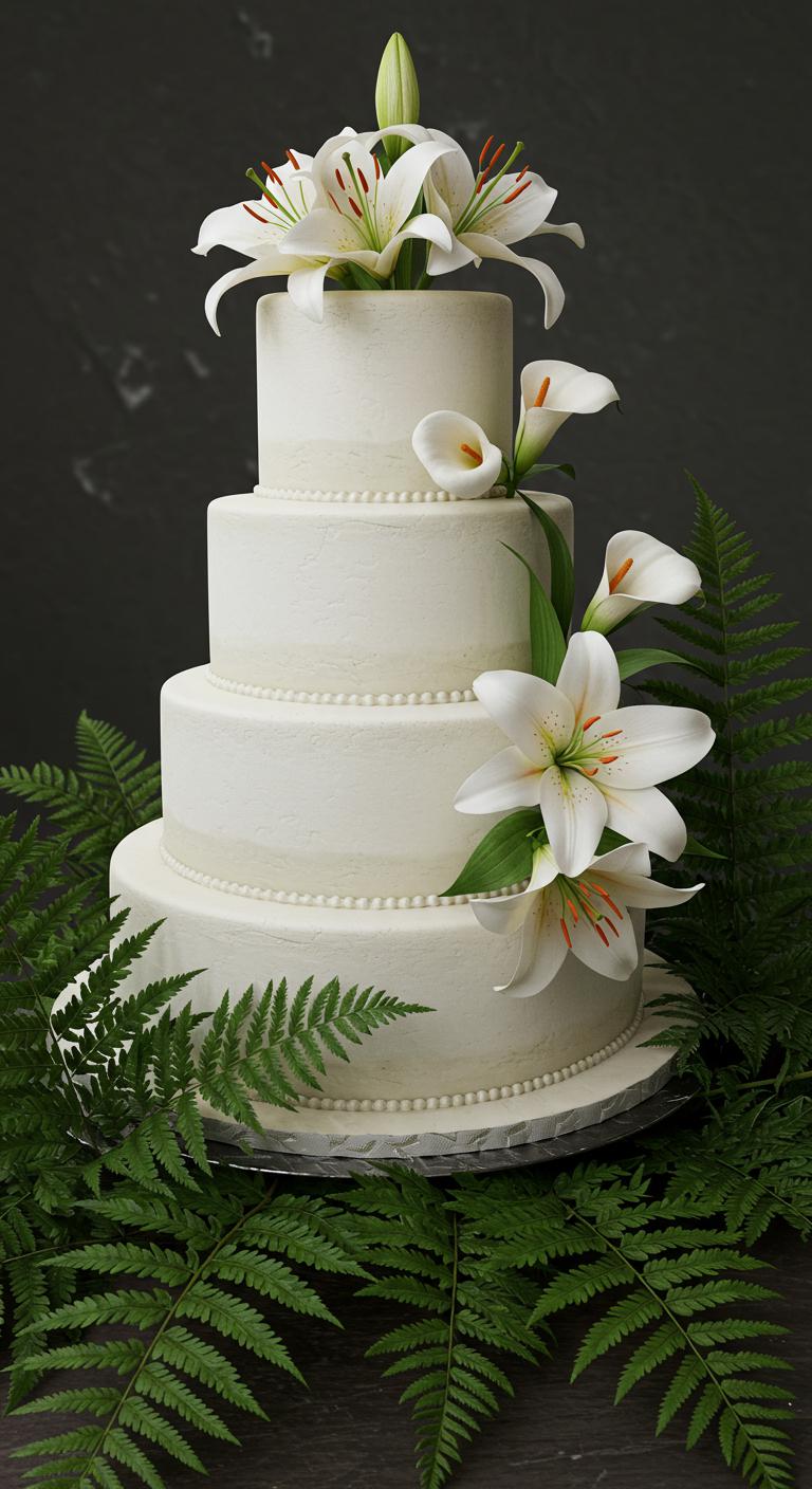 A beautifully decorated wedding cake adorned with **delicate lilies**, showcasing their **elegant curves** and vibrant colors. The cake is surrounded by various **lush fern varieties**, creating an **organic and romantic ambiance**. The overall aesthetic captures the essence of purity and **refined beauty**, making it a stunning centerpiece for a wedding celebration.