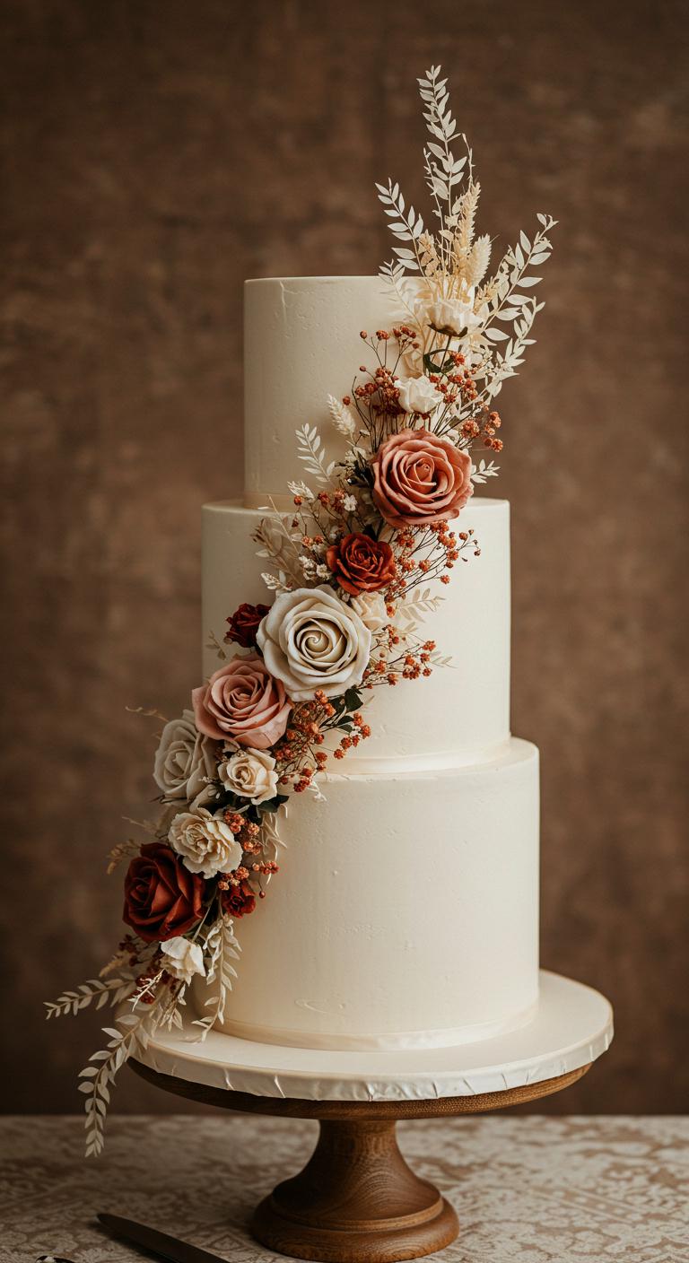 A **wedding cake** in soft ivory, elegantly adorned with an arrangement of **dried flowers** in **vintage colors**, showcasing soft blooms **cascading down** the sides of the cake, set against a romantic backdrop that evokes **warmth and nostalgia**.