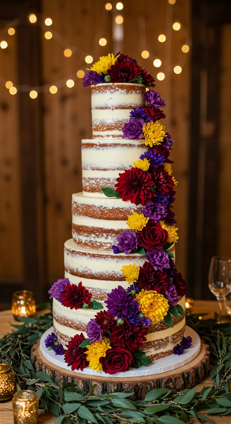 A stunning wedding cake adorned with **boho-inspired floral tiers**, featuring **cascading blooms** in **rich hues** such as deep reds, vibrant purples, and warm yellows. The cake is elegantly arranged in a **rustic setting** with natural elements like greenery, wooden accents, and soft lighting, capturing the essence of **free-spirited romance** and the harmonious blend of nature and celebration. A joyful atmosphere is palpable, inviting guests to indulge in this **enchanting centerpiece** of a boho wedding.