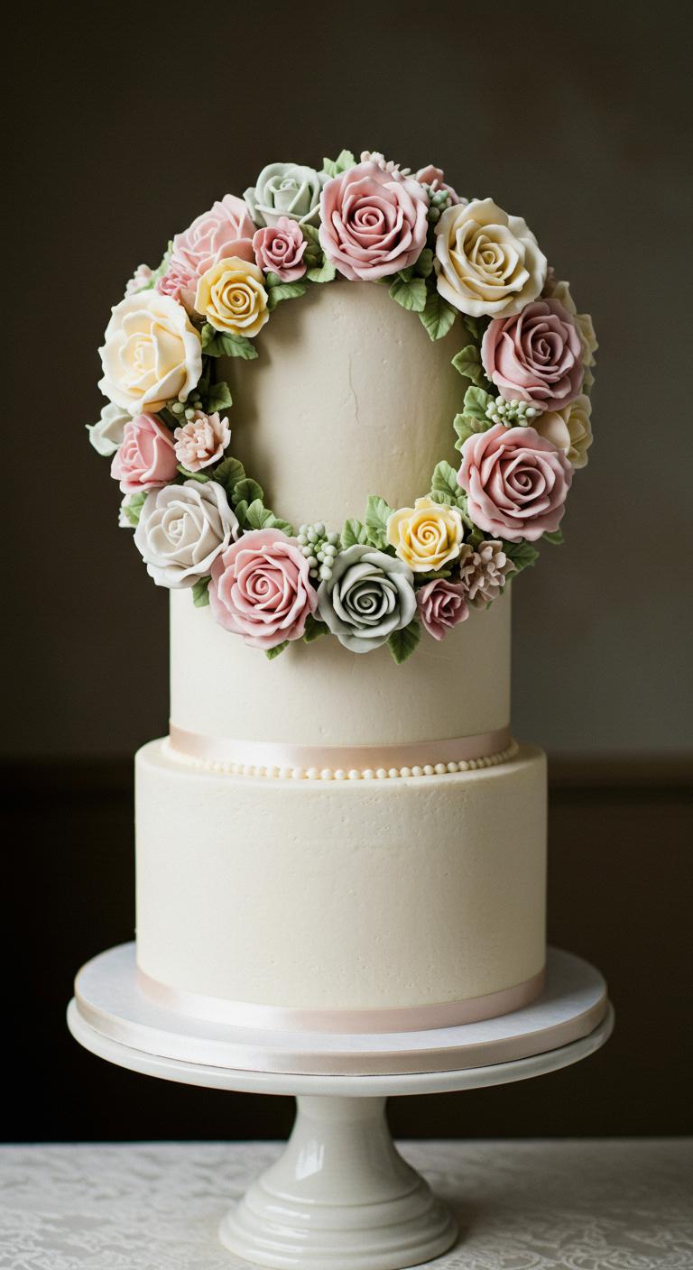 A beautifully decorated wedding cake featuring a vintage floral wreath design, with **delicate blooms** in **soft pastel colors** encircling the cake. The cake has **layered floral textures**, providing depth, and is set against an elegant backdrop that enhances its **timeless beauty**. Captured in soft lighting to evoke a romantic atmosphere.