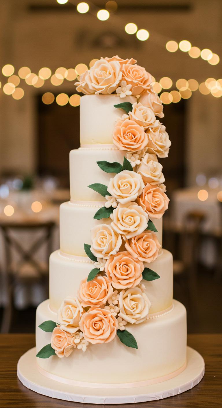A **stunning wedding cake** adorned with **delicate peach floral arrangements** cascading down its tiers, complemented by soft cream accents. The cake should exude a **romantic and dreamy vibe**, capturing the essence of love and celebration. The background should feature a **whimsical wedding setting** with warm lighting to enhance the **enchanting atmosphere** of the cake.
