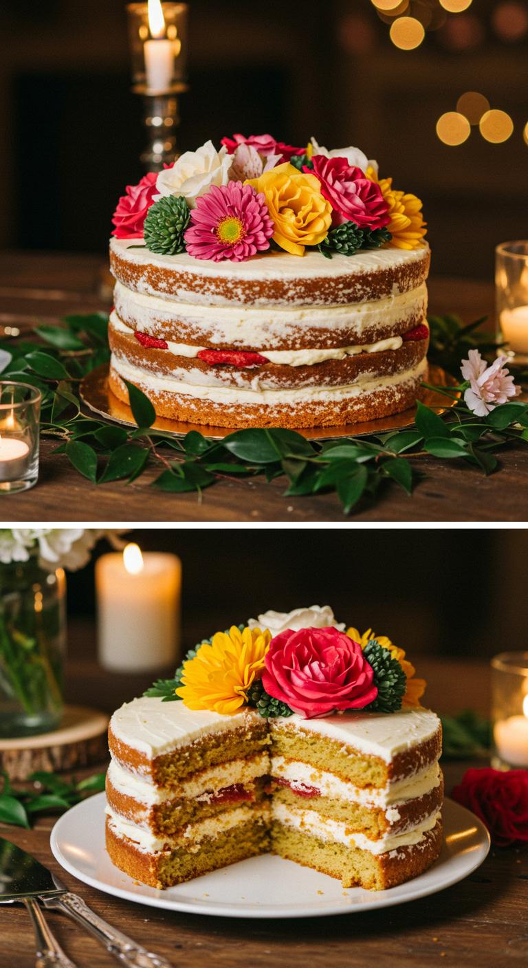 A **Rustic Naked Cake** with three layers of sponge, featuring **exposed layers** adorned with **colorful flowers** and **earthy green foliage**, embodying romance and natural beauty for a **rustic wedding setting**. The cake sits elegantly on a rustic wooden table, surrounded by candles and soft lighting, emphasizing its charm and inviting creativity in flavors. Each slice is displayed beautifully, telling a **story of love**, perfect for a memorable wedding day.