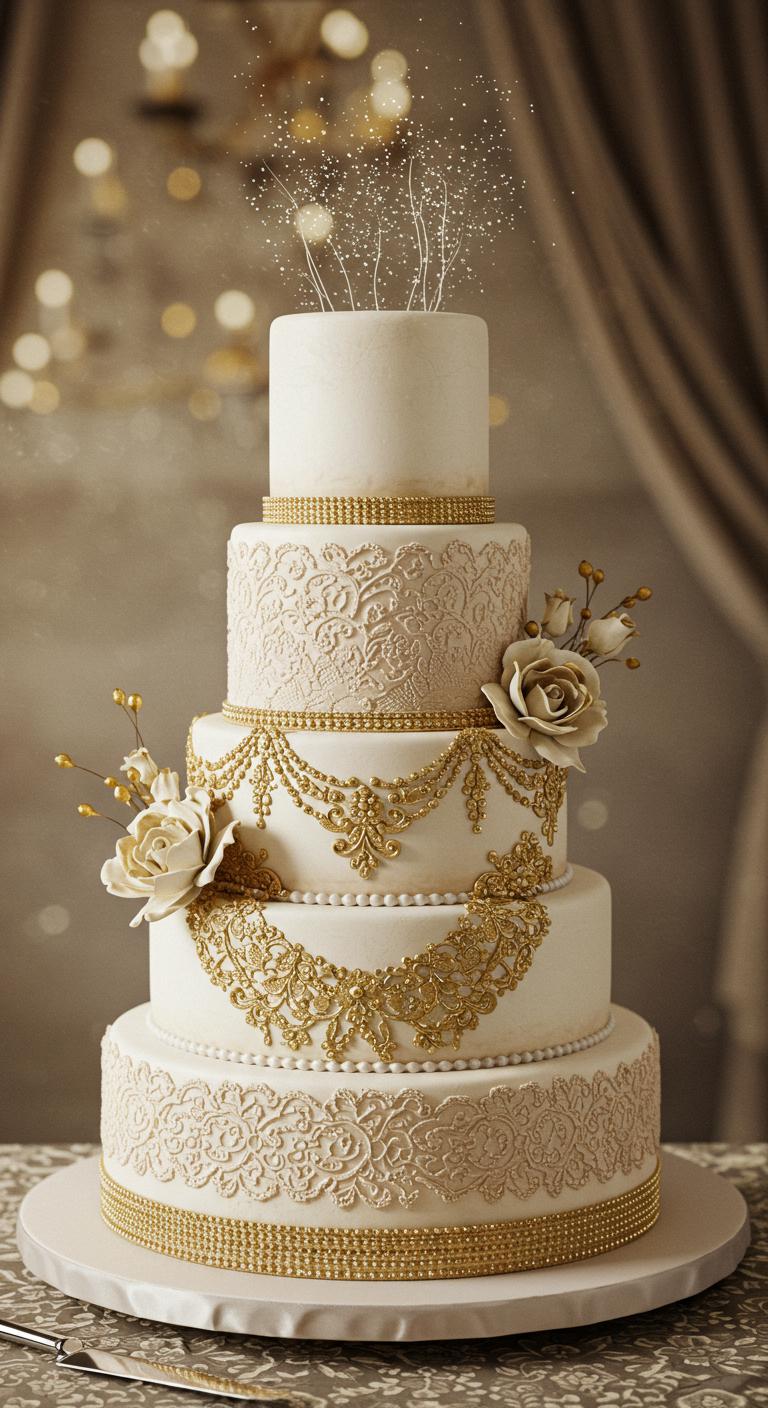 A **luxurious cake** adorned with **gold accents** and **delicate lace patterns**, sparkling under soft lighting. The design reflects **vintage elegance**, with layers showcasing shimmering details that evoke a sense of romance and opulence, set against the backdrop of a dreamy wedding setting.