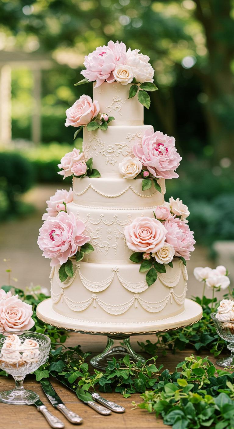 A grand **Victorian garden** setting featuring an **elegant cake** adorned with **delicate sugar peonies** and **vintage roses**. The cake is tiered, displaying intricate floral artistry and details that evoke Victorian romance. The scene is filled with lush greenery and soft pastel colors, making the cake a **breathtaking centerpiece** in a wedding context while **celebrating love and artistry** in harmony.