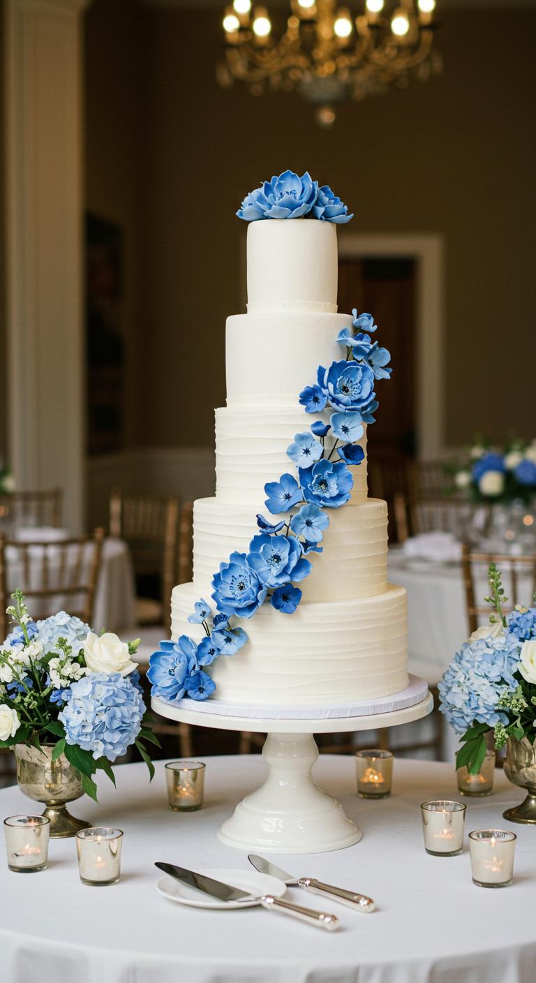 A beautifully designed wedding cake featuring a chic monochrome floral theme, showcasing **delicate blooms** in varying shades of a single color, set against a sophisticated backdrop that enhances the elegant and simple aesthetic of the celebration. The cake should be the focal point of the decor, captivating guests with its **refined beauty** and intricate **floral artistry**.