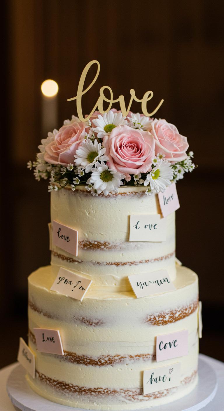 A beautifully decorated **wedding cake** featuring a **love-inspired floral topper** with **delicate roses** symbolizing passion and soft daisies representing innocence. The cake is adorned with **charming love notes**, creating a **romantic atmosphere**. The scene is set with soft, warm lighting to evoke a sense of celebration and enchantment.