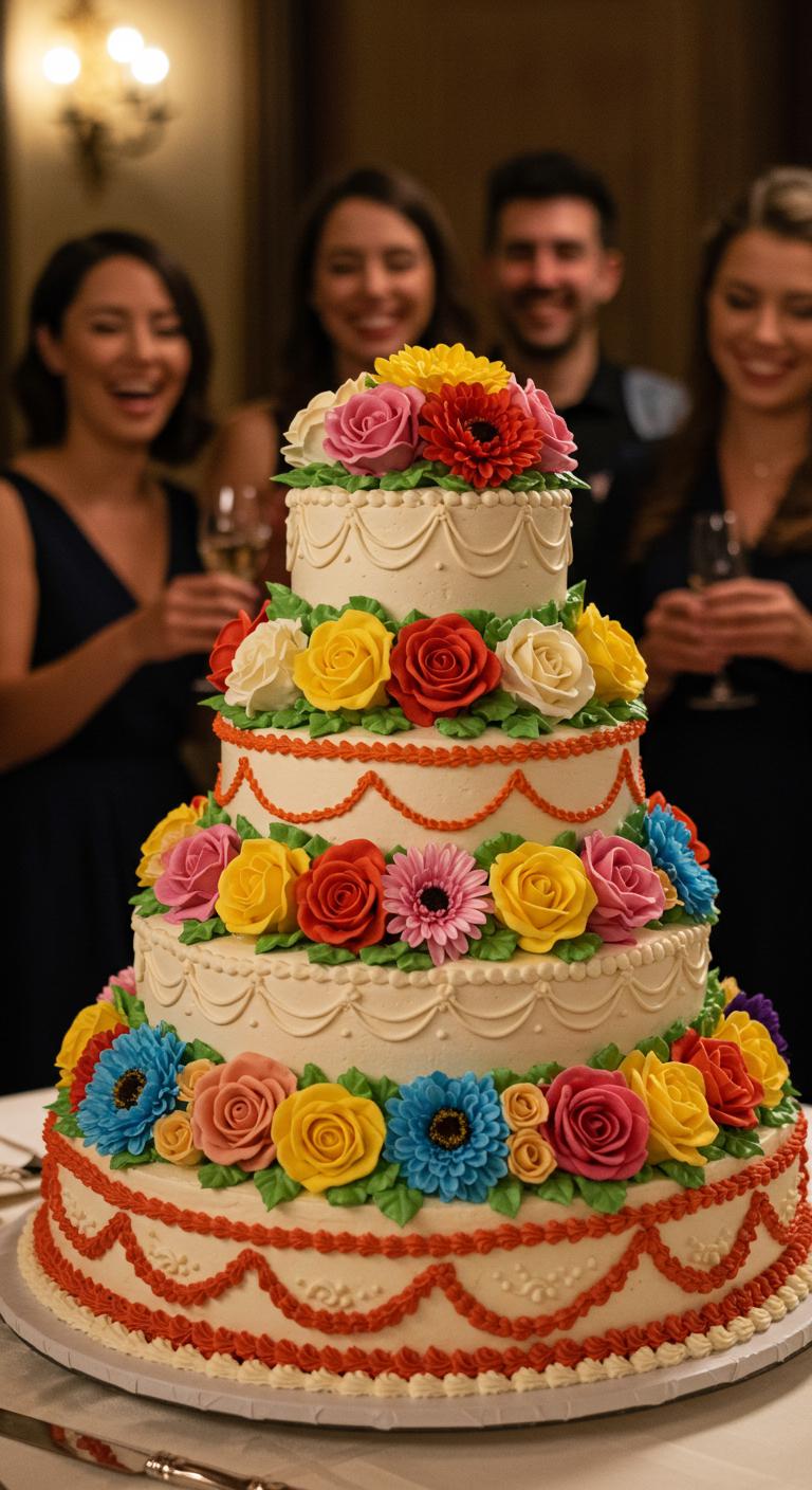 A beautifully decorated **vintage floral cake**, featuring **intricate frosting designs** and an array of **colorful, festive flowers** adorning each layer. The cake is set on an elegant table, surrounded by joyful guests celebrating together, creating a **warm and inviting atmosphere** that embodies **love and tradition**. Soft lighting enhances the vintage charm, making the cake the perfect centerpiece for an **unforgettable celebration**.